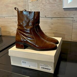 Brown patent leather ankle boots